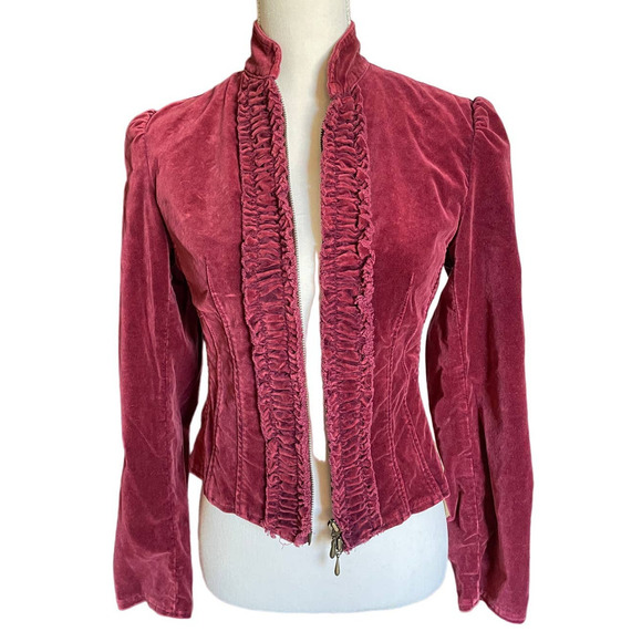 Express Women Ruffle Corset Fitted Velvet Victorian Style Jacket Size 0 Burgundy - Picture 2 of 7